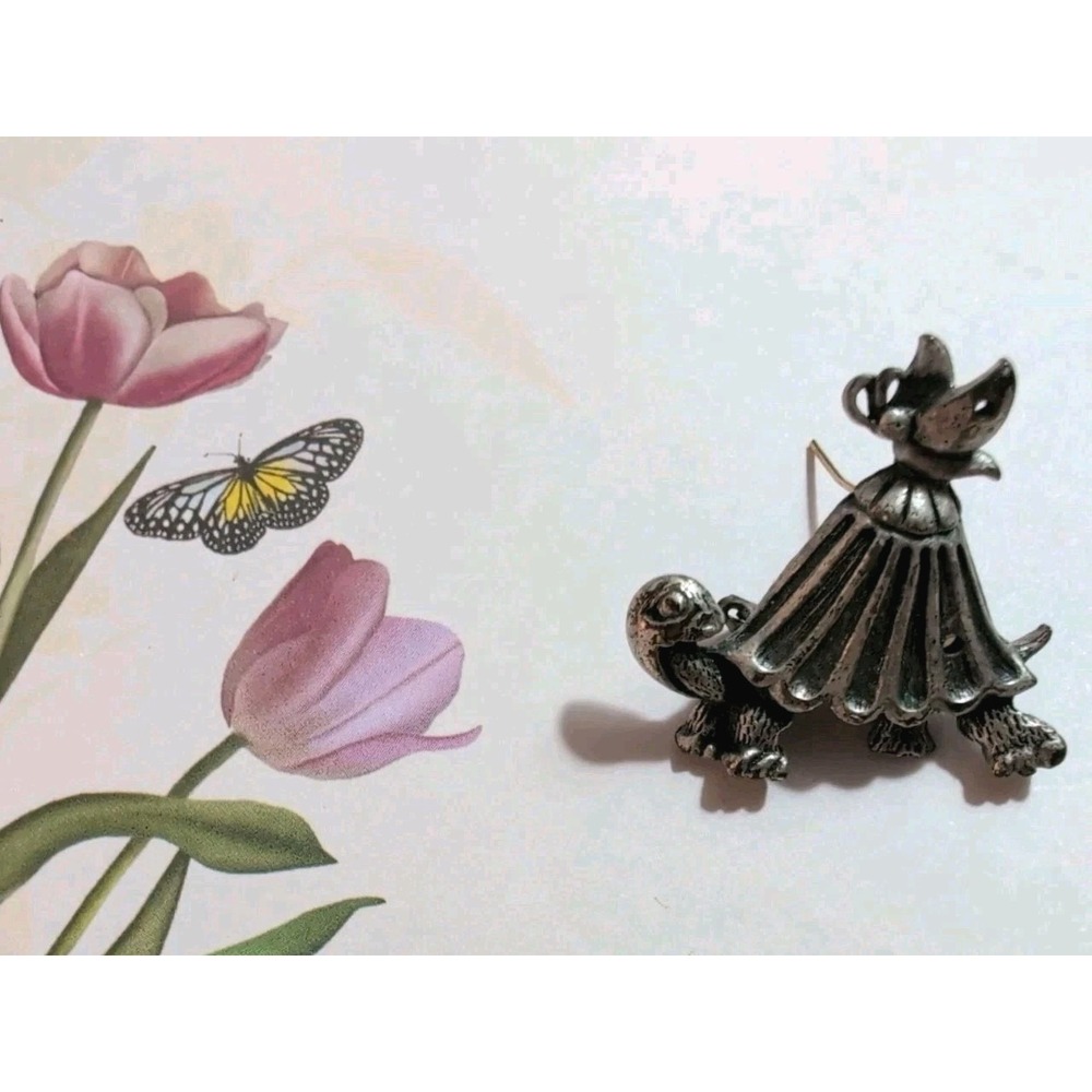 Torino, Miniature Abstract Turtle with Butterfly Silver Tone Pin Vintage Pewter
